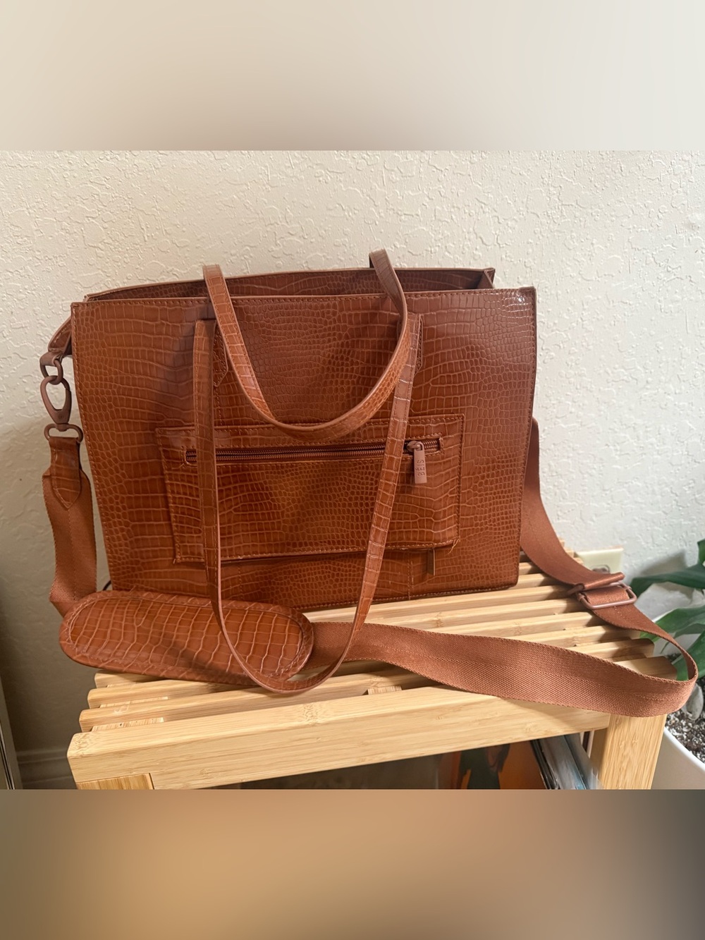 BEIS Cognac Croc-Embossed Work Bag
